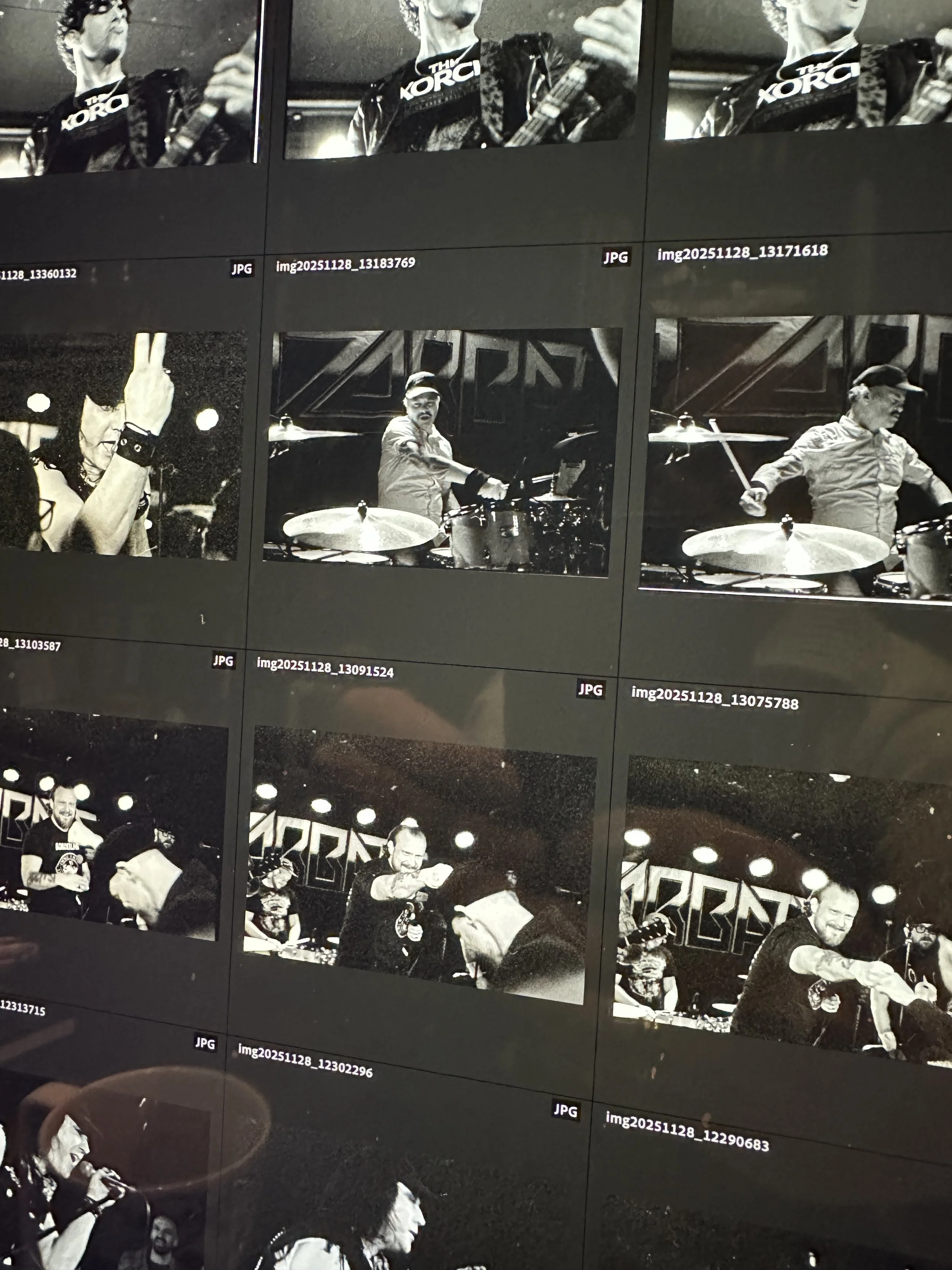 A grid of black and white photos featuring musicians and audience members at a live concert or event.